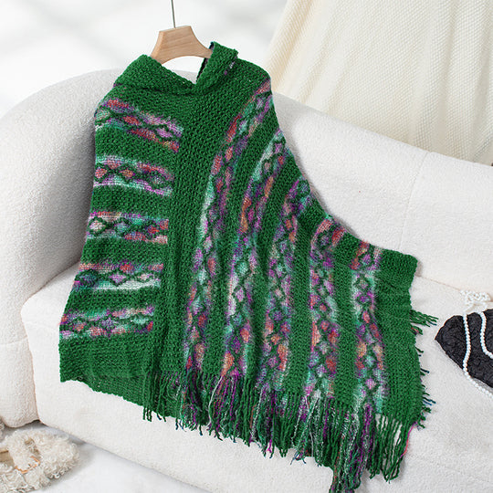 Damen Strickponcho mit Kapuze und fransigem Design EB
