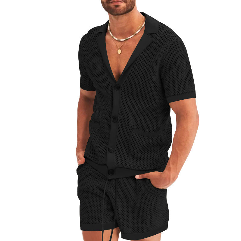 Herren nan offener Netzstrick-Cardigan mit passenden Kordelzug-Shorts EB