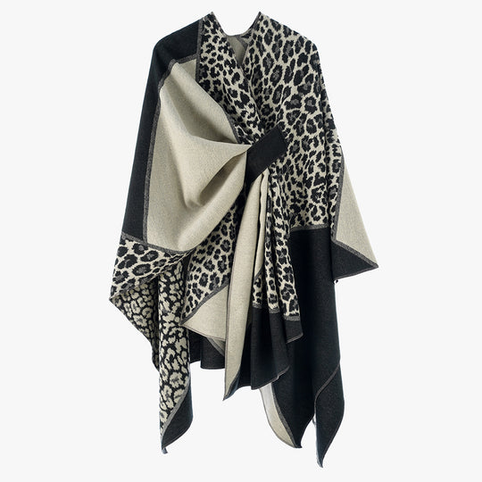 Damen Jacquard-Poncho mit Leopardenmuster und Wollmix-Überwurf EB