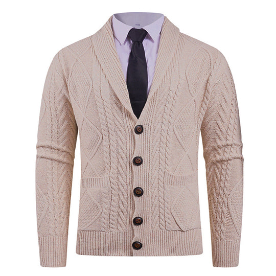 Herren nan Strickcardigan mit Schalkragen, Zopfmuster, aufgesetzten Taschen und Knopfleiste EB