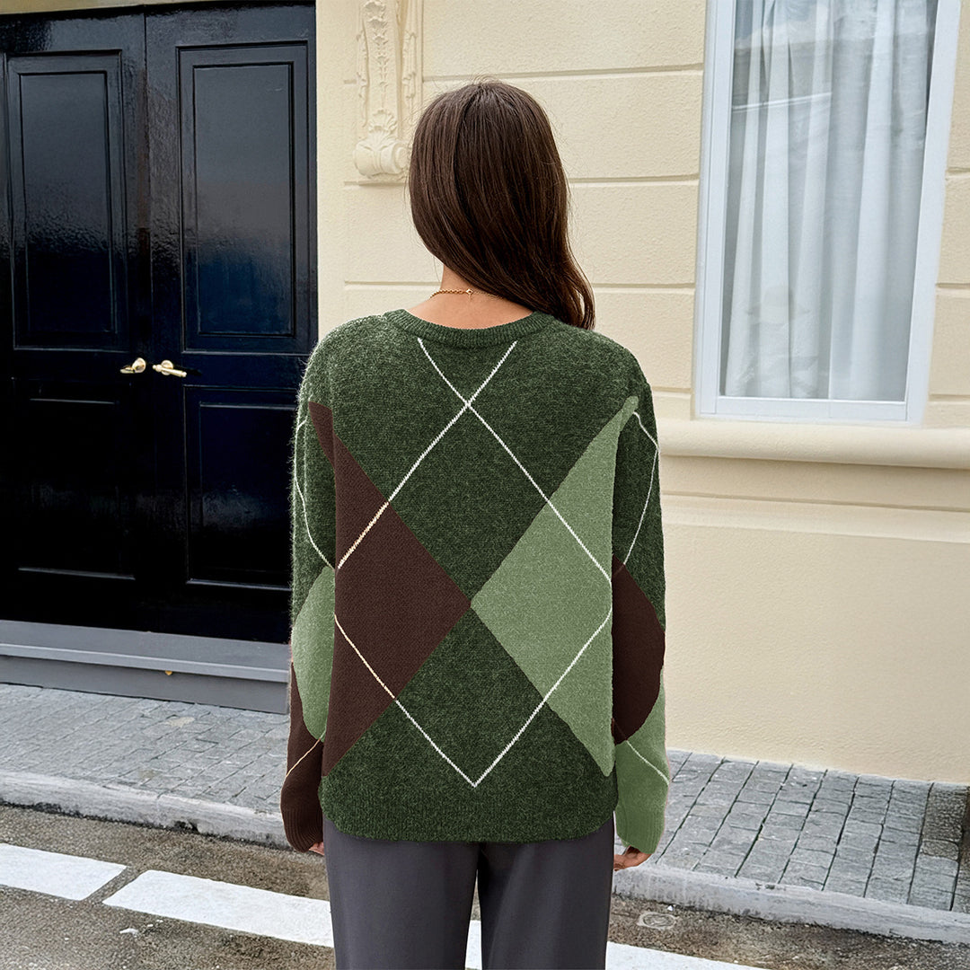 Damen nan oversized Argyle-Strickpullover mit kastigem Schnitt und geripptem Rundhalsausschnitt EB