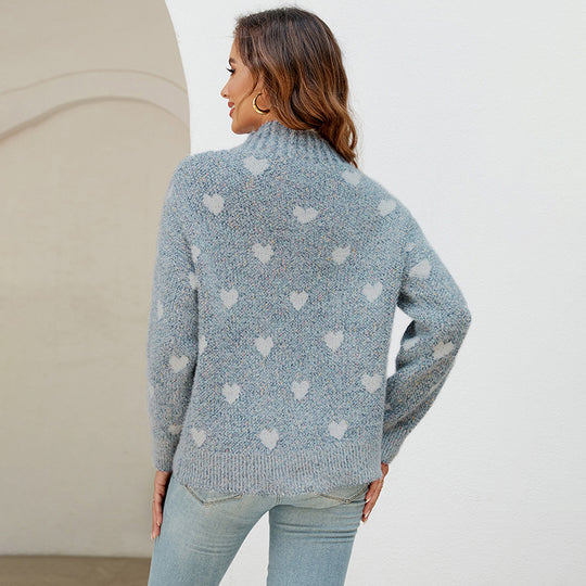 Damen modischer Strickpullover mit Herzmotiv und hohem Kragen EB