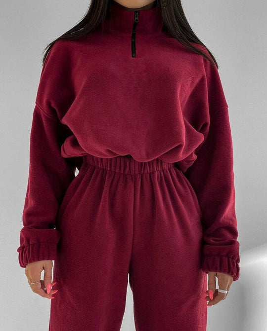 Damen Relax-Fleece-Set mit Stehkragen-Halbzip und geraffter High-Waist-Hose EB
