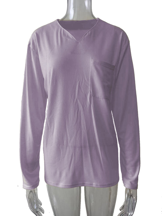 Damen nan legeres Langarmshirt mit V-Notch-Ausschnitt, Brusttasche und lockerer Oversize-Passform EB