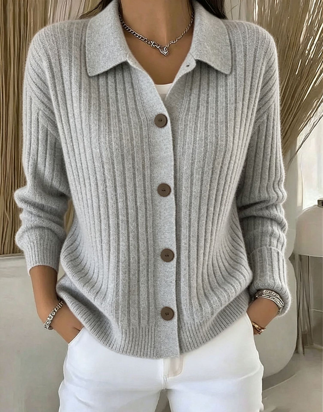 Damen Feiner gerippter Knopf‑Cardigan mit Hemdkragen und kastiger Silhouette EB