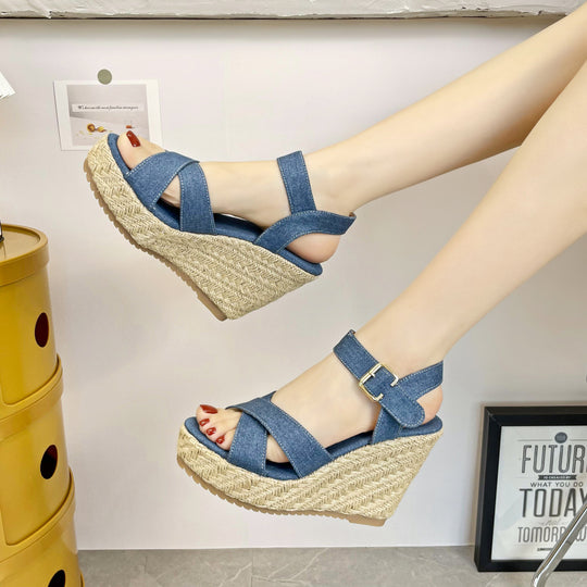 Damen nan Keil-Espadrille-Sandale mit geflochtener Juteplattform, gekreuzten Textilriemen und verstellbarer Metallschnalle EB