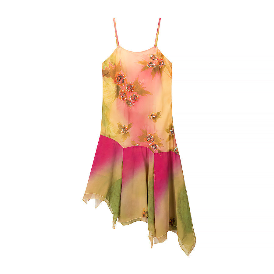 Damen asymmetrisches Sommerkleid mit floralem Design und zarten Spaghettiträgern EB