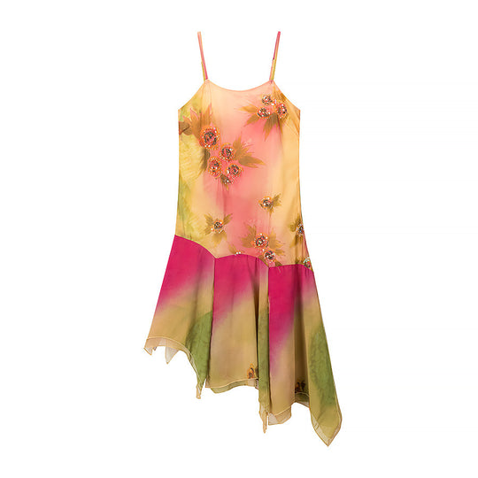 Damen asymmetrisches Sommerkleid mit floralem Design und zarten Spaghettiträgern EB