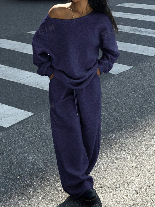 Damen Oversize Off-Shoulder Lounge-Set mit weitem Sweater und Palazzo-Jogger EB
