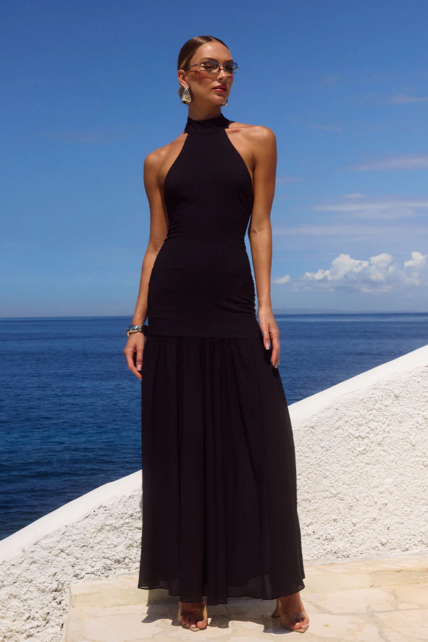 Damen Maxikleid mit hochgeschlossenem Design und fließendem Rock EB