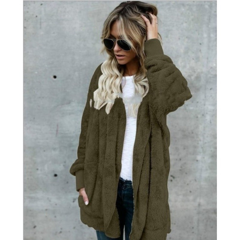 Damen Kuschelige Teddy‑Fleece‑Cardigan mit Kapuze, Oversize‑Schnitt und aufgesetzten Taschen EB