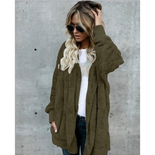 Damen Kuschelige Teddy‑Fleece‑Cardigan mit Kapuze, Oversize‑Schnitt und aufgesetzten Taschen EB