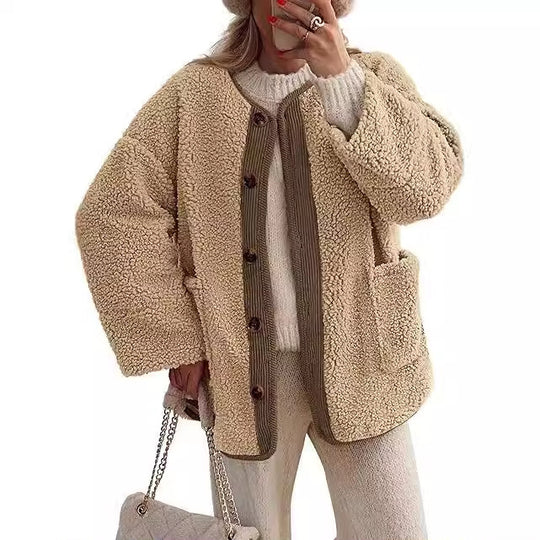 Damen kuschelige Teddyjacke mit farblich abgestimmtem Kragen EB