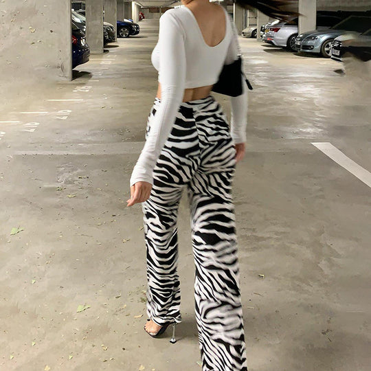Damen Elegante Zebra-Print High-Waist Hose EB