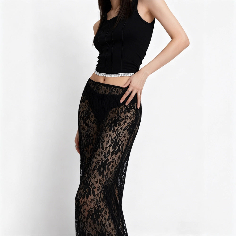 Damen Ansprechender Spitzenrock mit hohem Schlitz und elegantem Taillierungsdesign EB