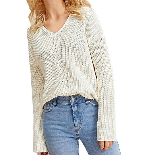 Damen modischer V-Ausschnitt Pullover mit strukturierter Stricktextur EB