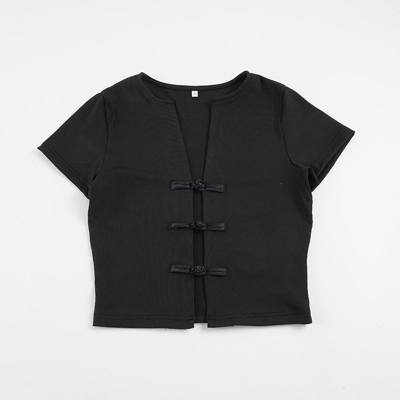 Damen Kurzarm Oberteil mit edlen Knopfdetails EB