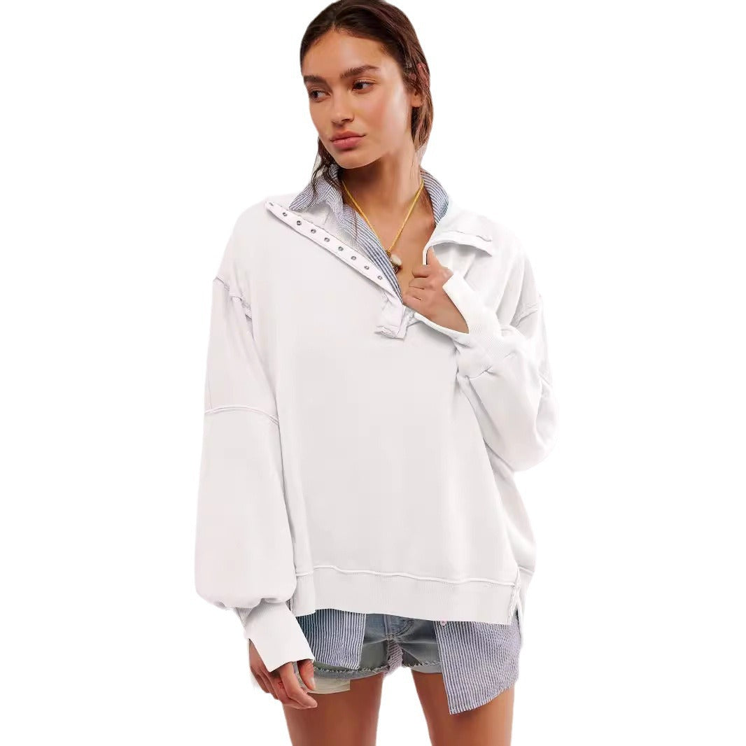 Damen Oversize Pullover mit Kragen und Druckknöpfen EB