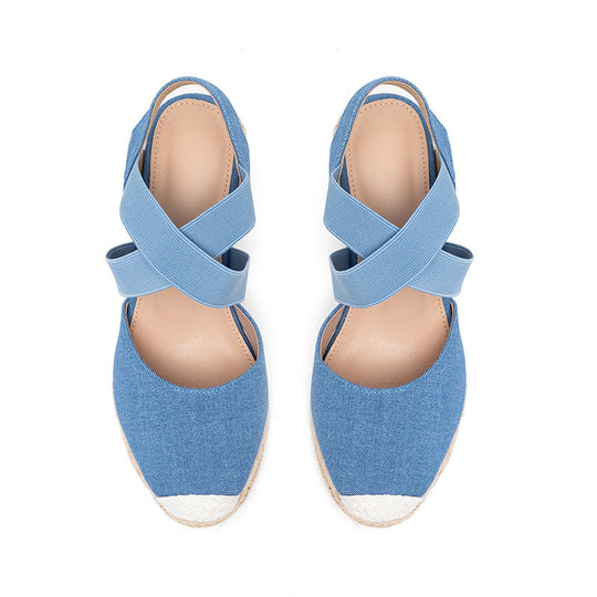 Damen Wedge-Sandalen mit elastischen Kreuzriemen und Bast-Optik EB