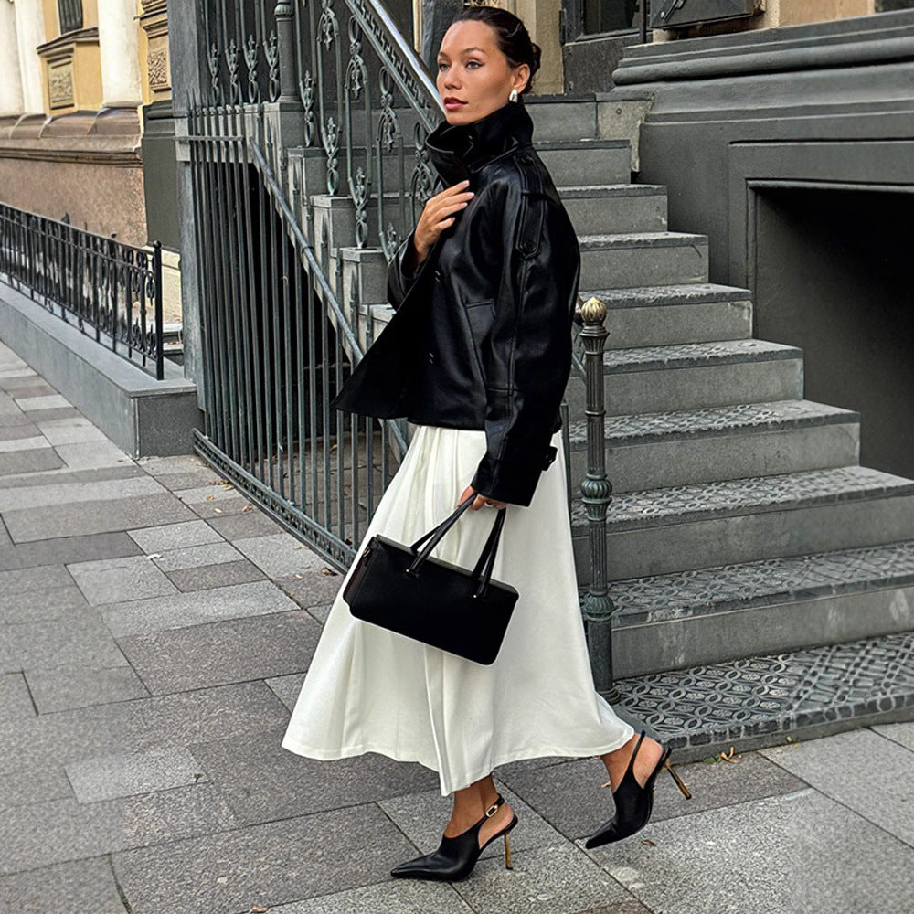 Damen Übergröße Kunstlederjacke mit asymmetrischem Revers EB