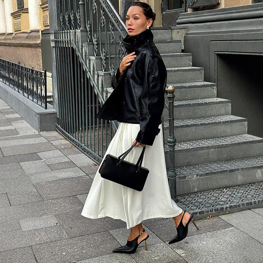 Damen Übergröße Kunstlederjacke mit asymmetrischem Revers EB