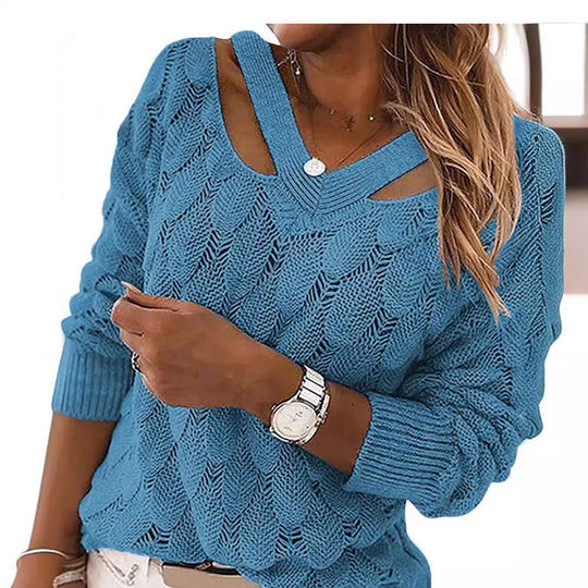 Damen lässiger Strickpullover mit V-Ausschnitt und einzigartigem Cut-out-Design EB