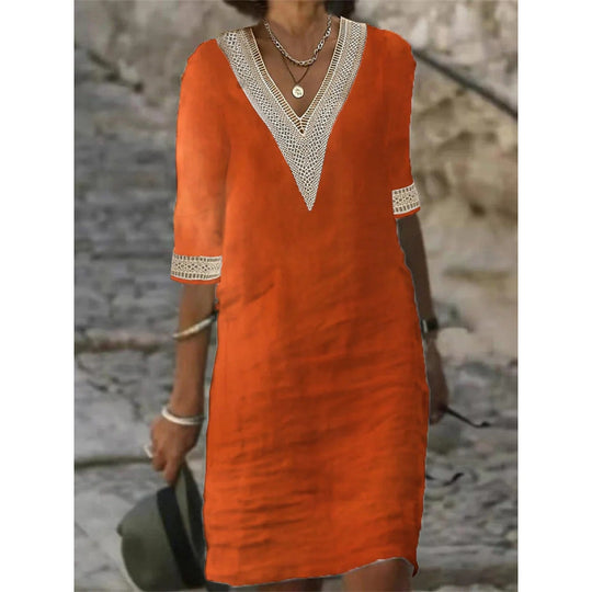 Damen Leichtes Leinen-Midikleid mit V-Ausschnitt und Häkelspitzenbesatz EB