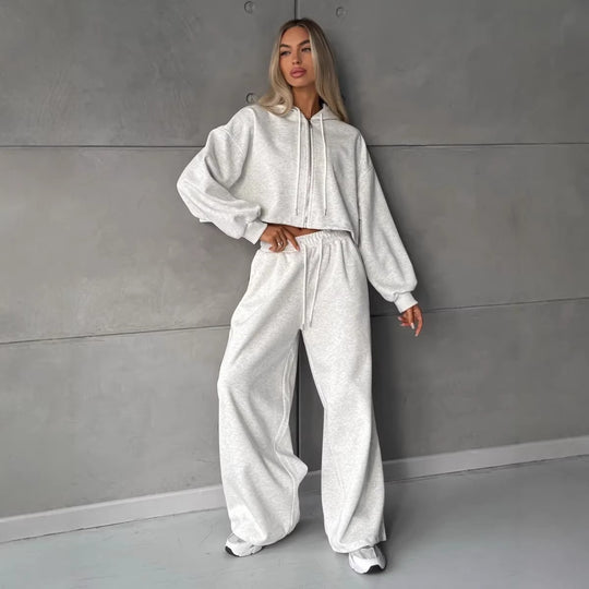 Damen Kurz geschnittenes Kapuzen-Sweatshirt und weite Lounge-Jogginghose Set EB