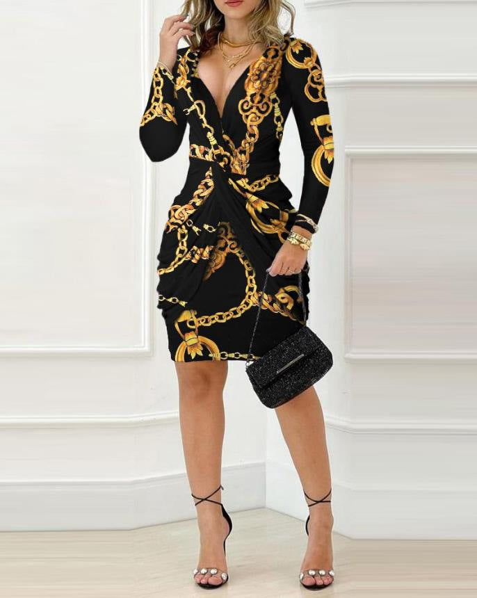 Damen Figurbetontes Wickelkleid mit Kettenmuster EB