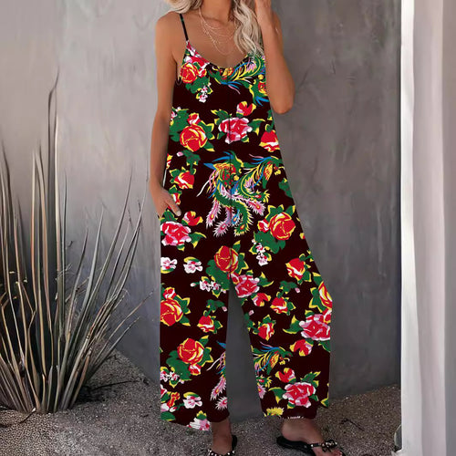 Damen Luftiger Jumpsuit mit floralem Design und verstellbaren Trägern EB