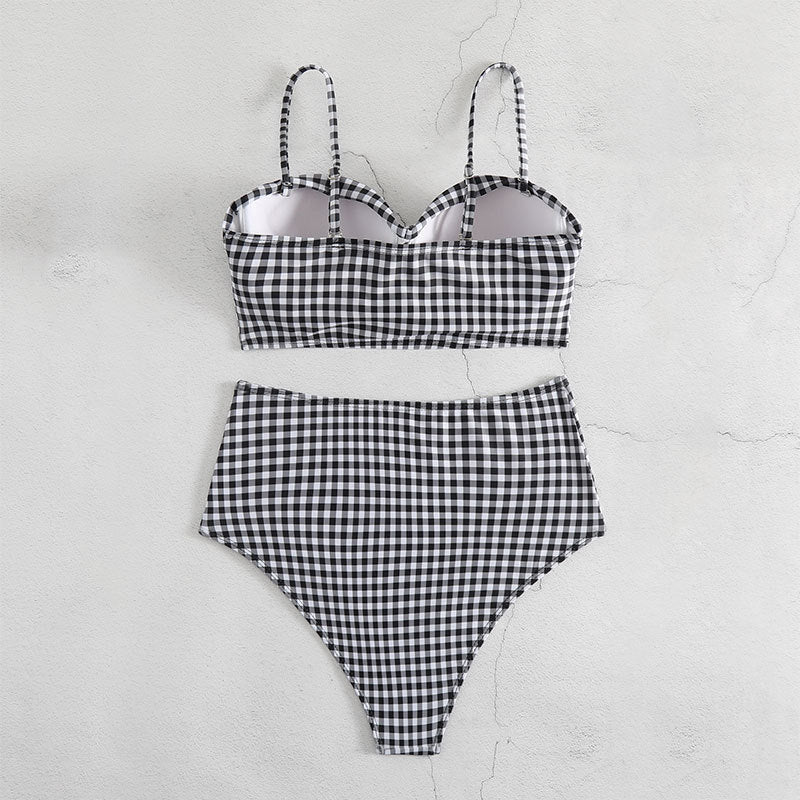 Damen Hochgeschnittener Karo-Bikini mit gepolstertem Oberteil EB