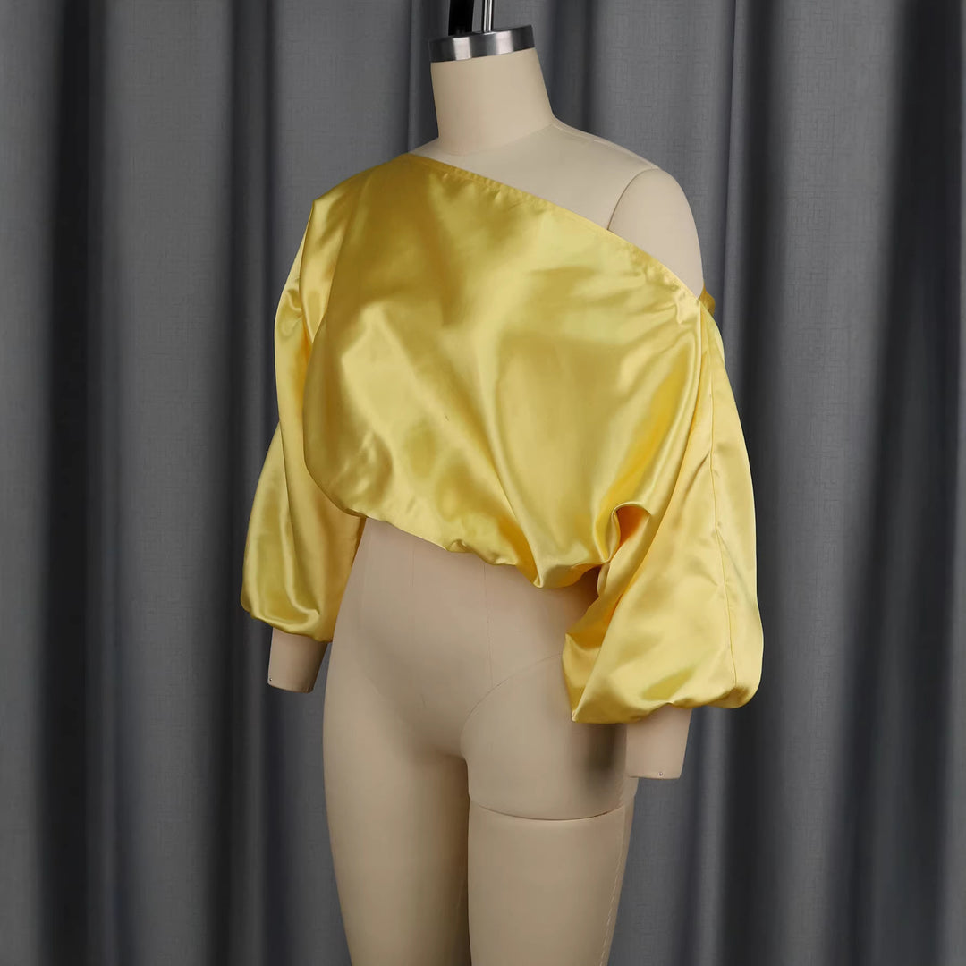 Damen elegantes asymmetrisches Oberteil mit voluminösen Puffärmeln EB