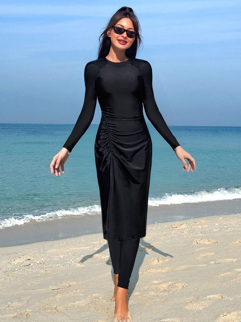 Damen Eleganter Langarm-Badeanzug mit figurbetonendem Design EB