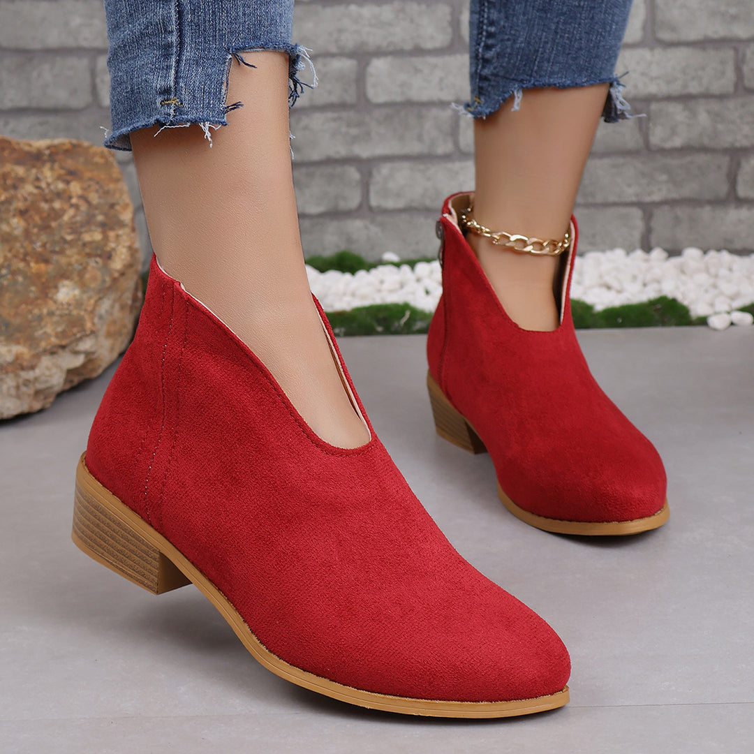 Damen nan V‑Ausschnitt Ankleboots aus Veloursoptik mit seitlichem Reißverschluss und niedriger Holzblocksohle EB