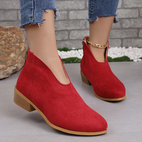 Damen nan V‑Ausschnitt Ankleboots aus Veloursoptik mit seitlichem Reißverschluss und niedriger Holzblocksohle EB