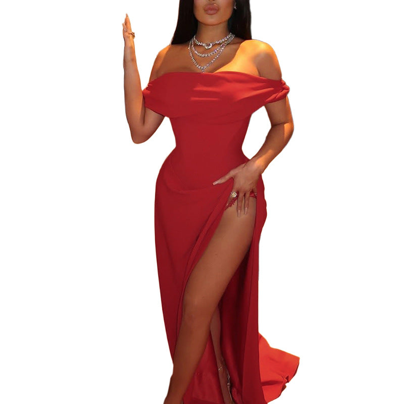 Damen Elegantes Off-Shoulder-Maxi-Kleid mit verführerischem Schlitz EB