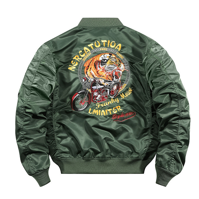 Herren Bestickte Nylon-Bomberjacke im Pilotenstil mit Tiger-Motorrad-Design EB