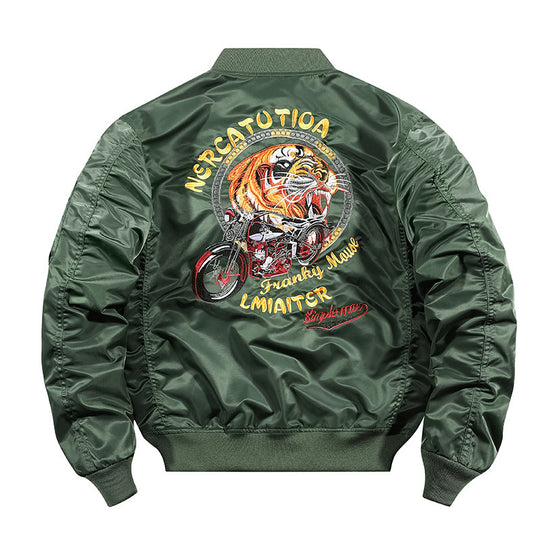 Herren Bestickte Nylon-Bomberjacke im Pilotenstil mit Tiger-Motorrad-Design EB