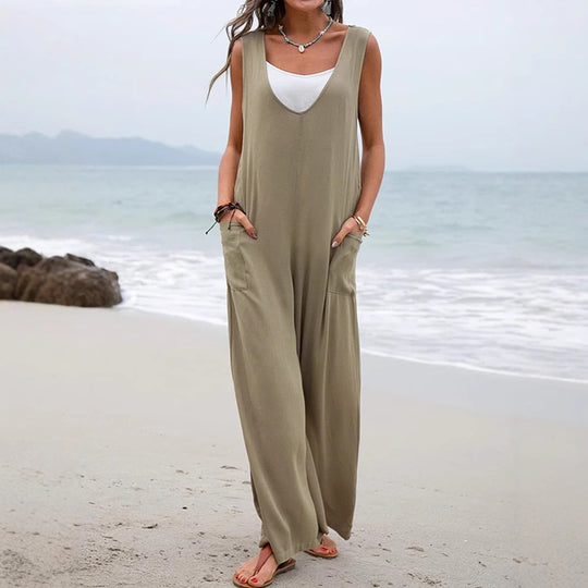 Damen Weit geschnittene Sommer-Jumpsuit mit praktischen Taschen und V-Ausschnitt EB
