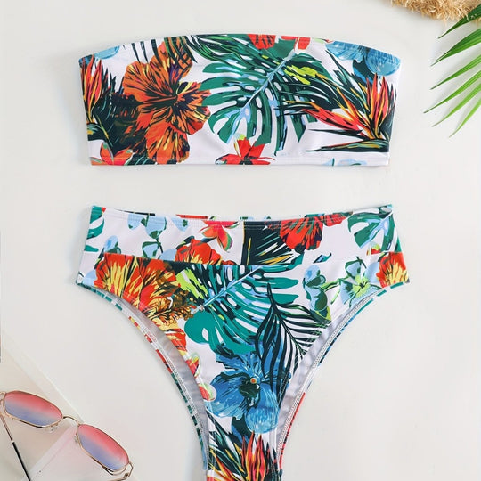 Damen Bandeau-Bikini-Set mit tropischem Blumendesign EB
