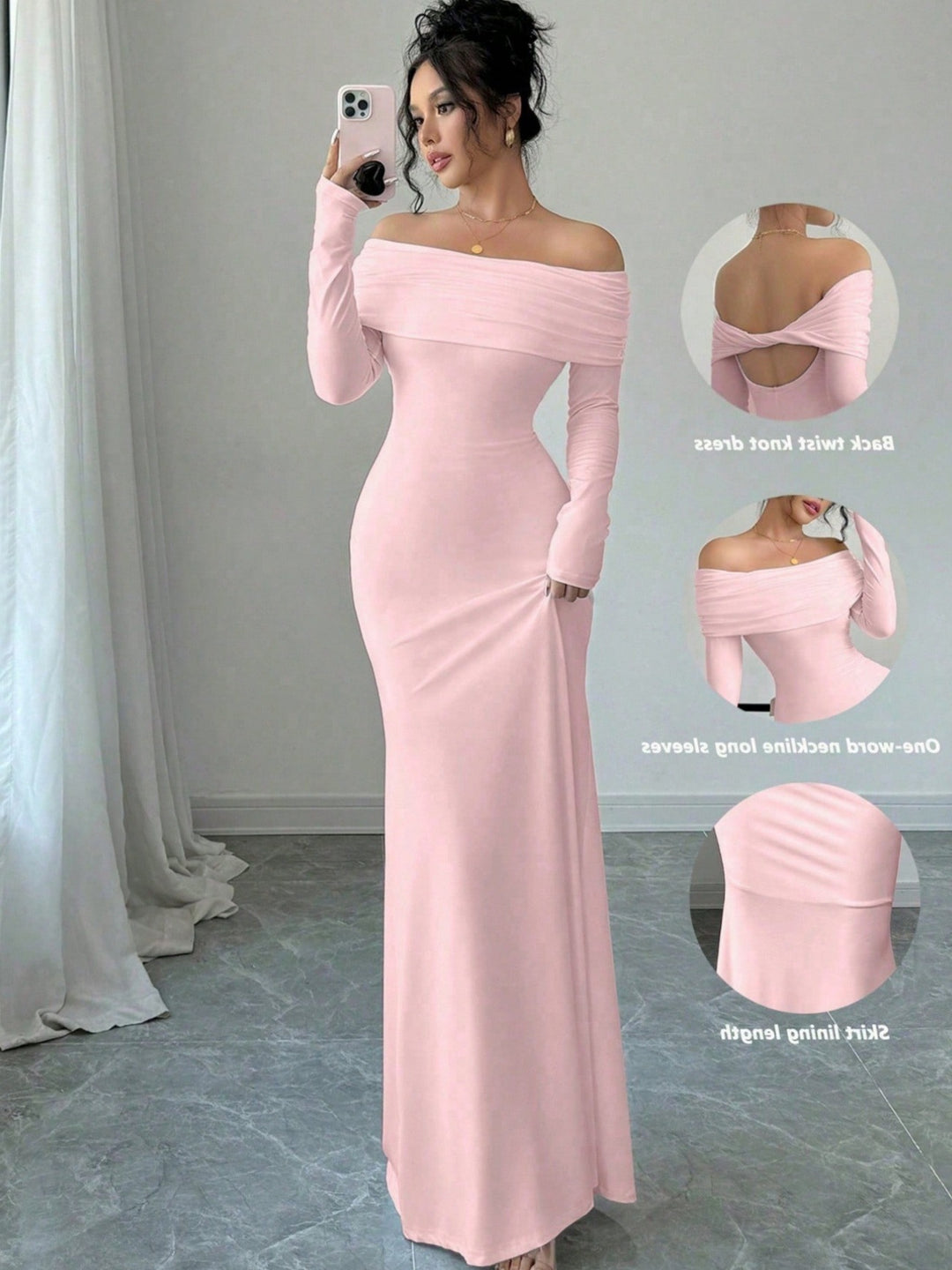 Damen Elegantes und figurbetontes Off-Shoulder Maxikleid mit langen Ärmeln EB