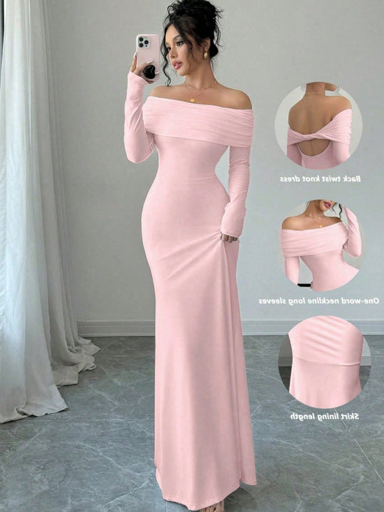 Damen Elegantes und figurbetontes Off-Shoulder Maxikleid mit langen Ärmeln EB