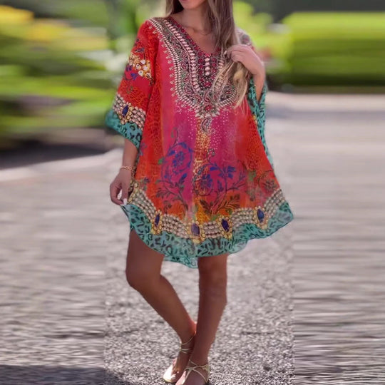 Damen Strandkleid Im Farbenfrohen Boho-Stil mit Verspieltem Design und Tiefem V-Ausschnitt EB