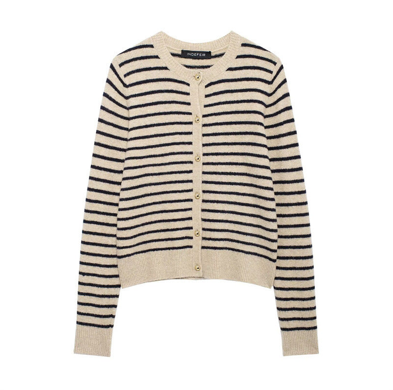 Damen gestreifte Strickjacke mit goldenen Knöpfen und modischem Schnitt EB