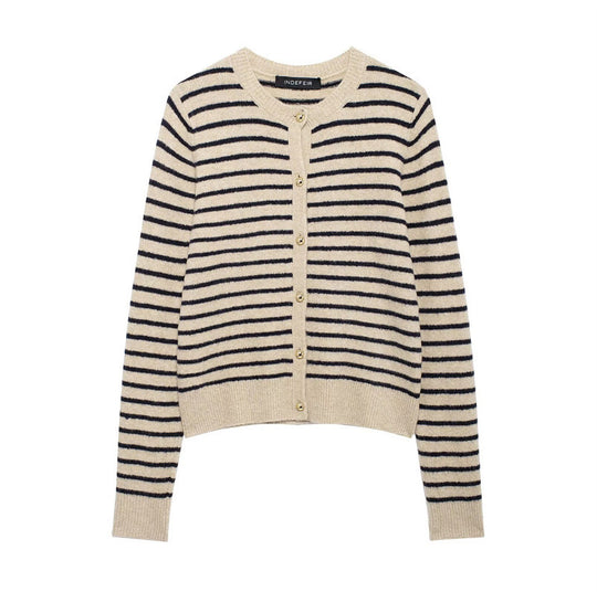 Damen gestreifte Strickjacke mit goldenen Knöpfen und modischem Schnitt EB