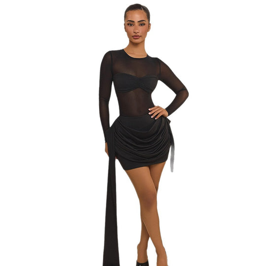 Damen Wickelkleid mit transparenten Ärmeln und eleganter Raffung EB