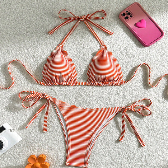 Damen Triangel-Bikini mit verspieltem Rüschendesign und Bindebändern EB