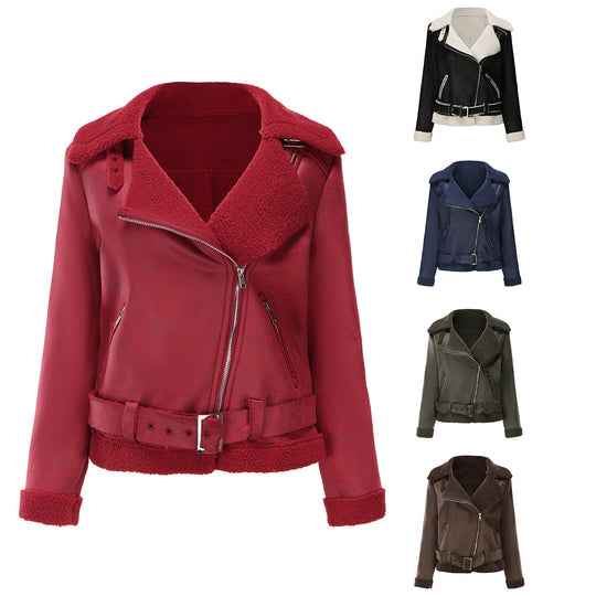 Damen nan taillierte Lammfellimitat-Fliegerjacke mit Gürtel und Teddyfutter EB