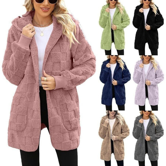 Damen nan kuschelige Kapuzen-Longjacke aus Teddyfleece mit aufgesetzten Taschen und strukturierter Karooptik EB