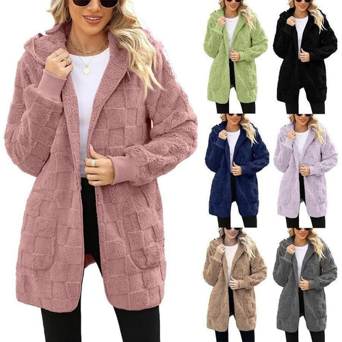 Damen nan kuschelige Kapuzen-Longjacke aus Teddyfleece mit aufgesetzten Taschen und strukturierter Karooptik EB